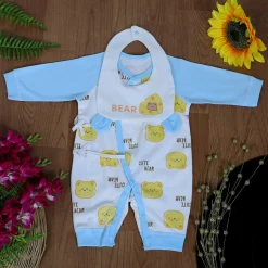 Cute Bear Full Sleeves One-Piece Body Suit With Snap Buttons Tie Knot And Matching Bib - Blue