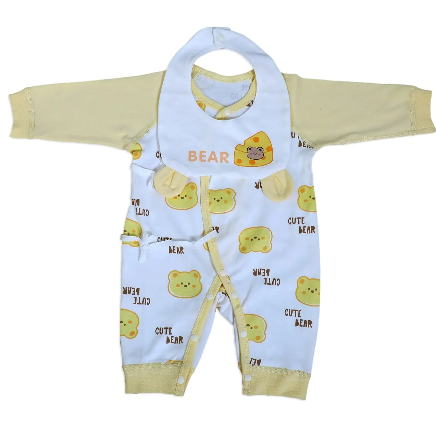 Cute Bear Full Sleeves One-Piece Body Suit With Snap Buttons Tie Knot And Matching Bib - Yellow
