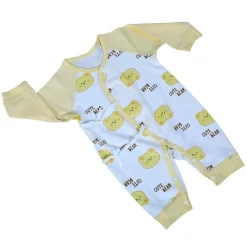 Cute Bear Full Sleeves One-Piece Body Suit With Snap Buttons Tie Knot And Matching Bib - Yellow