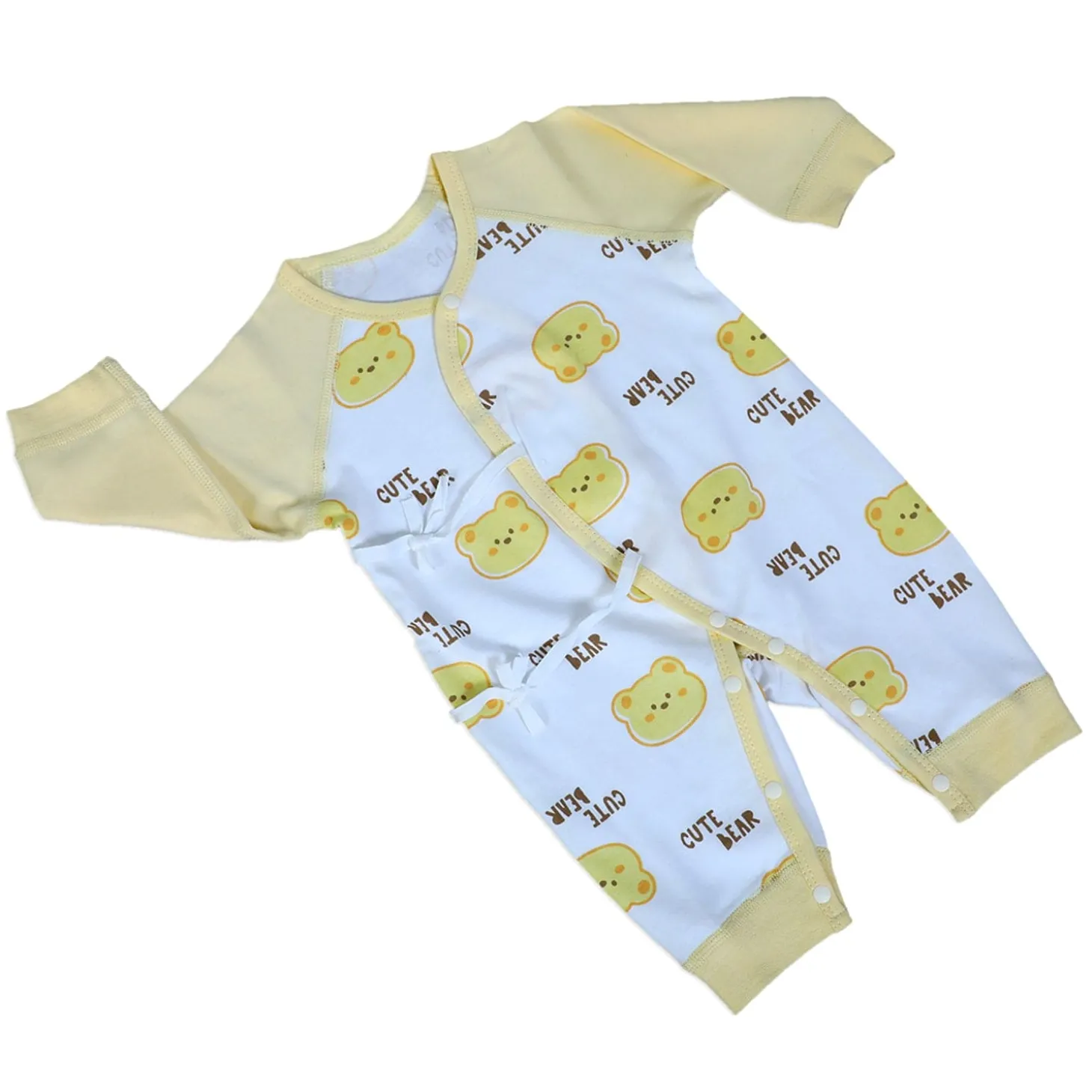 Cute Bear Full Sleeves One-Piece Body Suit With Snap Buttons Tie Knot And Matching Bib - Yellow