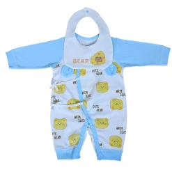 Cute Bear Full Sleeves One-Piece Body Suit With Snap Buttons Tie Knot And Matching Bib - Blue