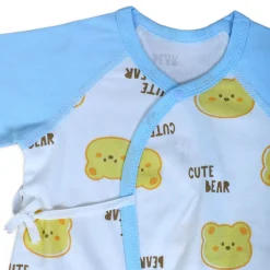 Cute Bear Full Sleeves One-Piece Body Suit With Snap Buttons Tie Knot And Matching Bib - Blue