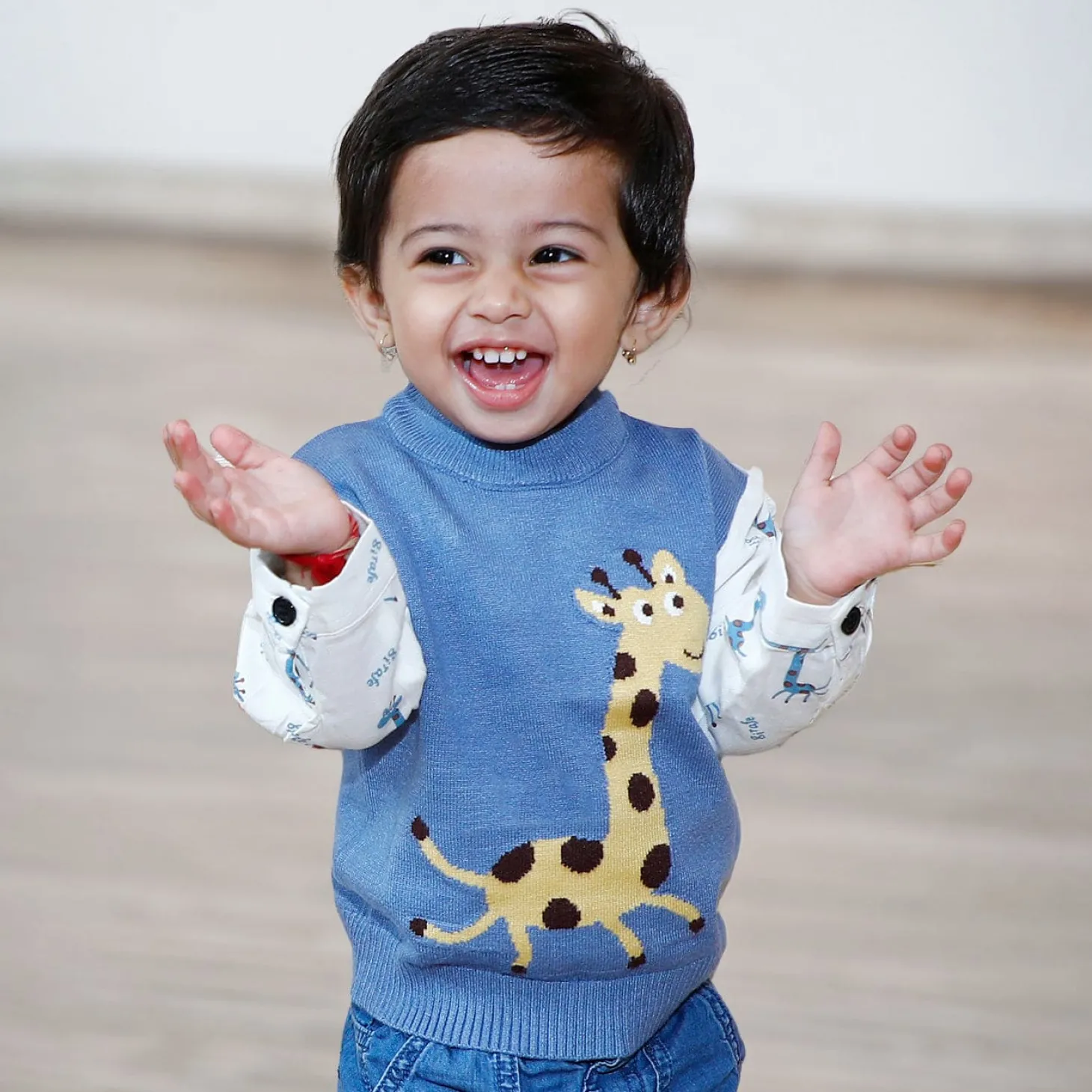 Cute Giraffe Premium Full Sleeves Knitted Sweater - Blue And White