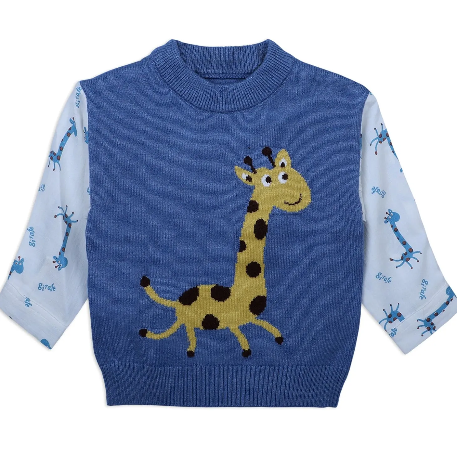Cute Giraffe Premium Full Sleeves Knitted Sweater - Blue And White
