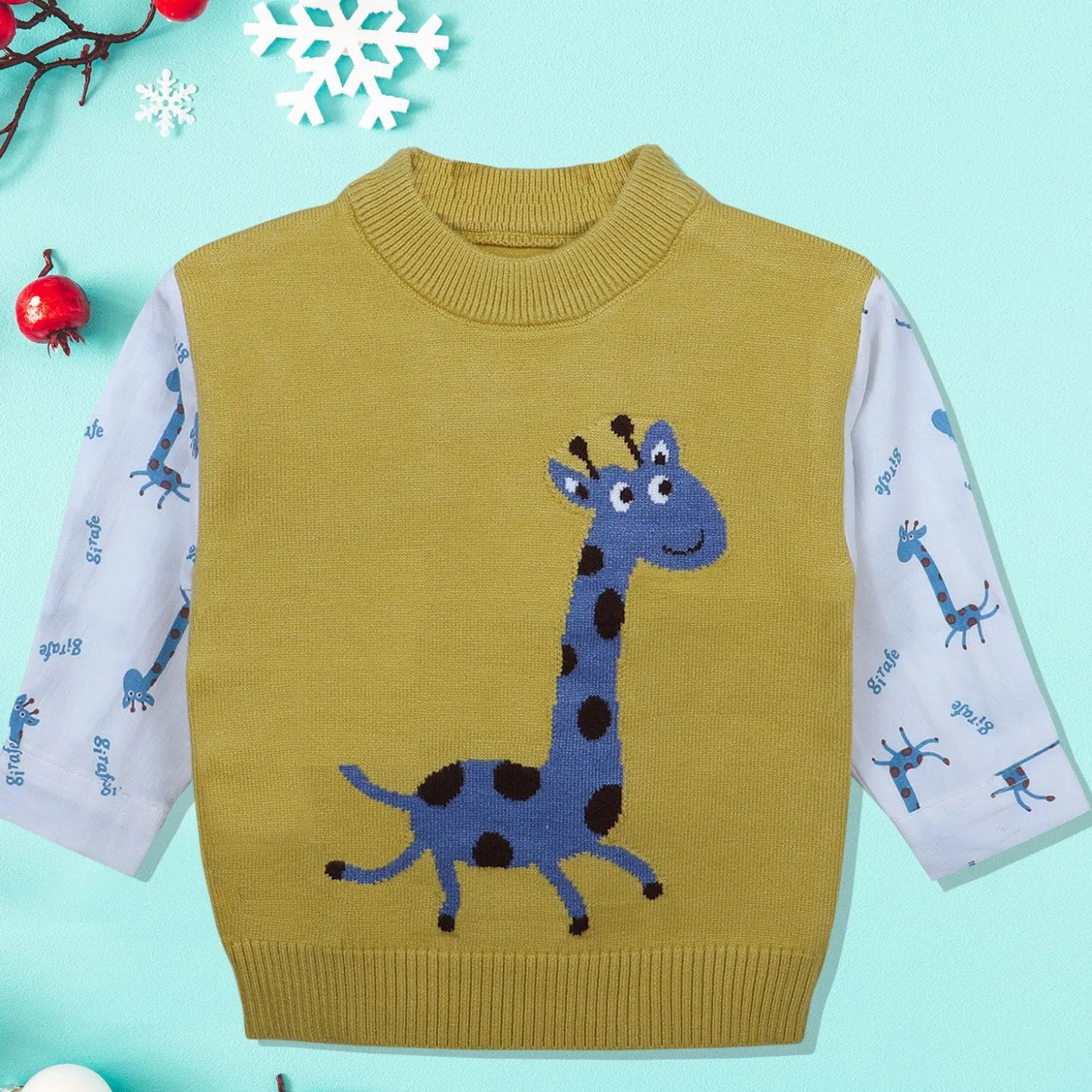 Cute Giraffe Premium Full Sleeves Knitted Sweater - Mustard And White