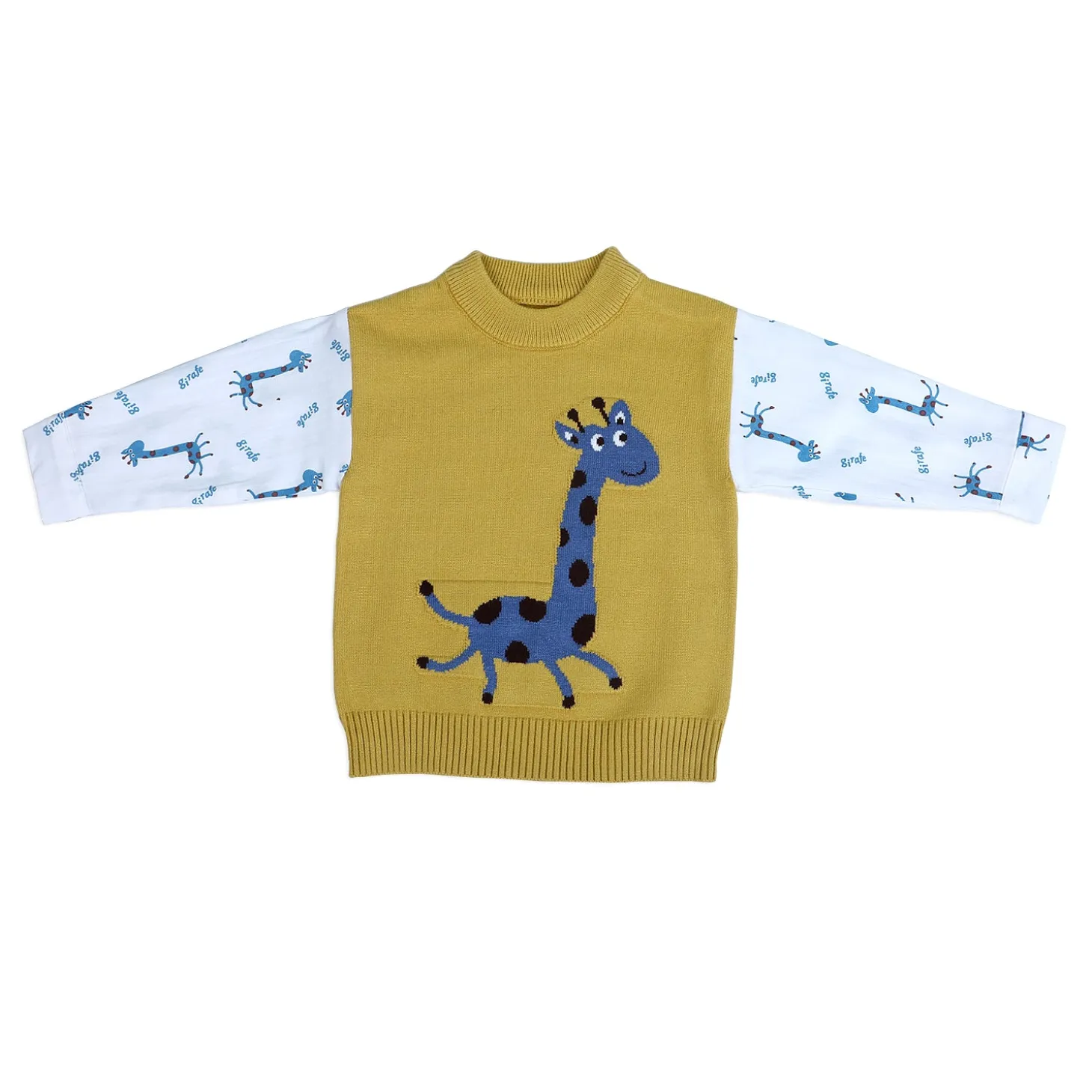 Cute Giraffe Premium Full Sleeves Knitted Sweater - Mustard And White