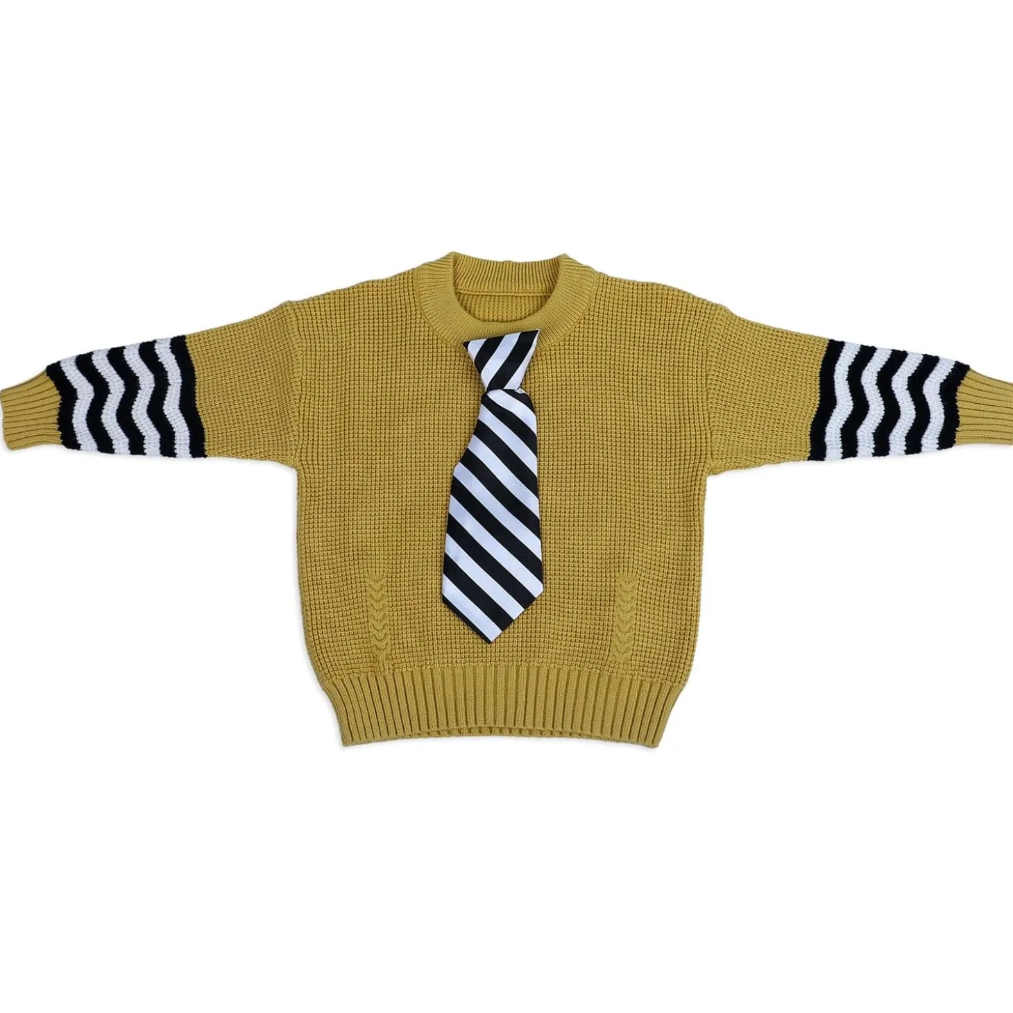 3D Neck Tie Premium Full Sleeves Knitted Sweater - Mustard