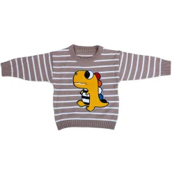 Dashing Dino Striped Premium Full Sleeves Knitted Sweater - Greyish Brown