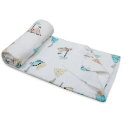Dinosaur White Small Print Muslin Blanket