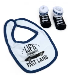 Driving In The Fast Lane Blue And White Set Of 3 Bibs And 2 Socks