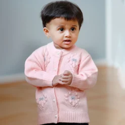 Elegant Bow And Pearl Buttons Premium Full Sleeves Knitted Sweater - Pink