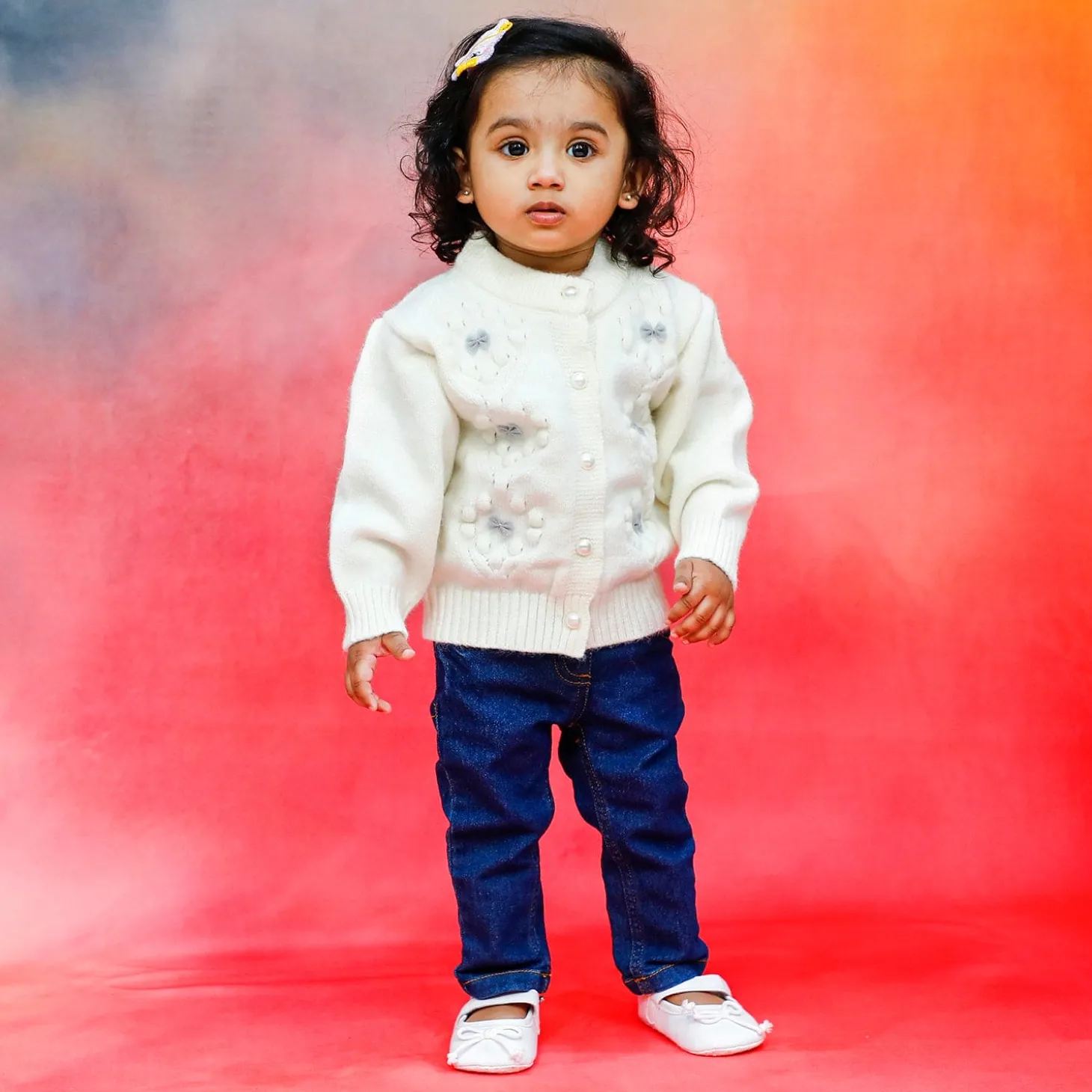Elegant Bow And Pearl Buttons Premium Full Sleeves Knitted Sweater - Off White