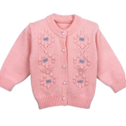 Elegant Bow And Pearl Buttons Premium Full Sleeves Knitted Sweater - Pink