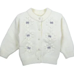 Elegant Bow And Pearl Buttons Premium Full Sleeves Knitted Sweater - Off White