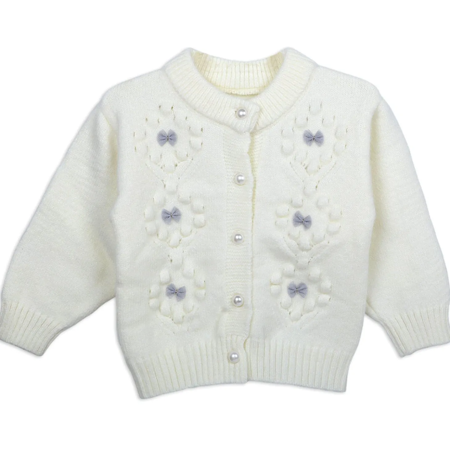 Elegant Bow And Pearl Buttons Premium Full Sleeves Knitted Sweater - Off White