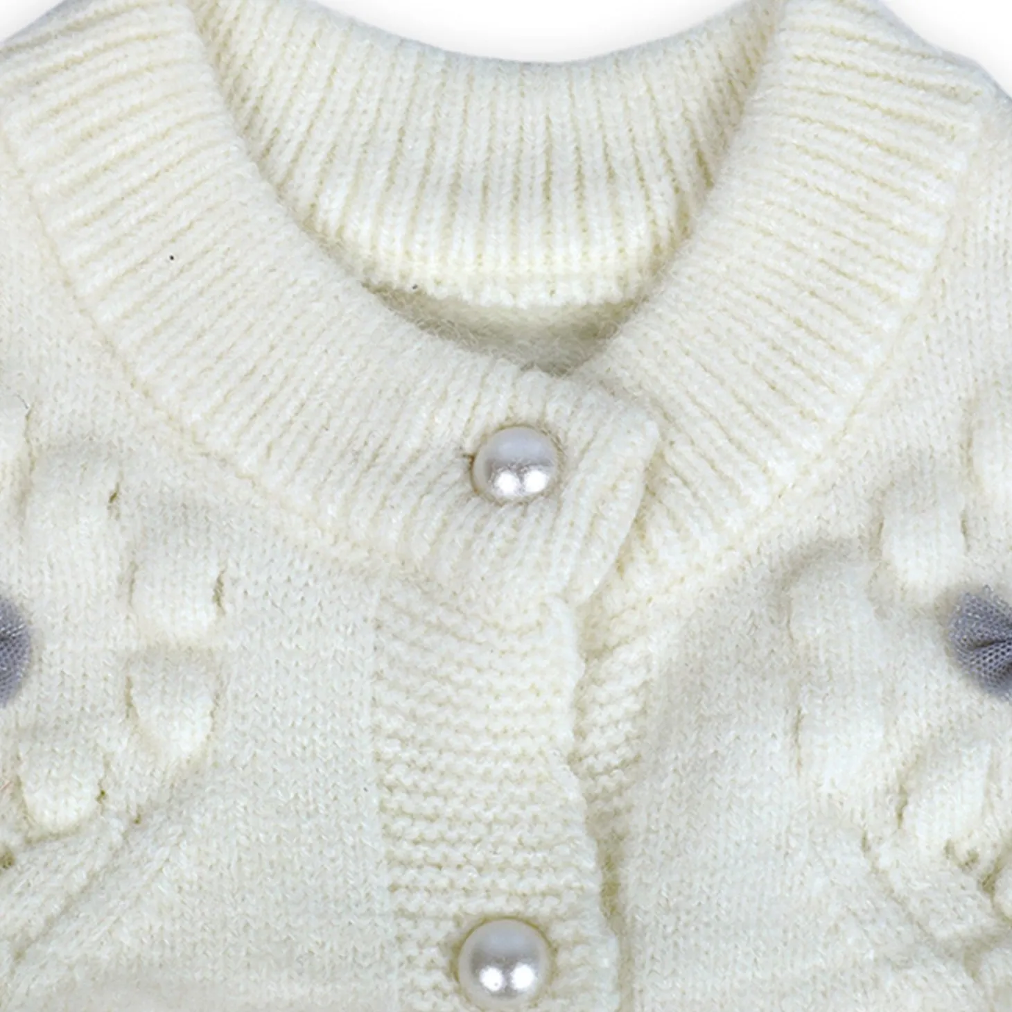 Elegant Bow And Pearl Buttons Premium Full Sleeves Knitted Sweater - Off White