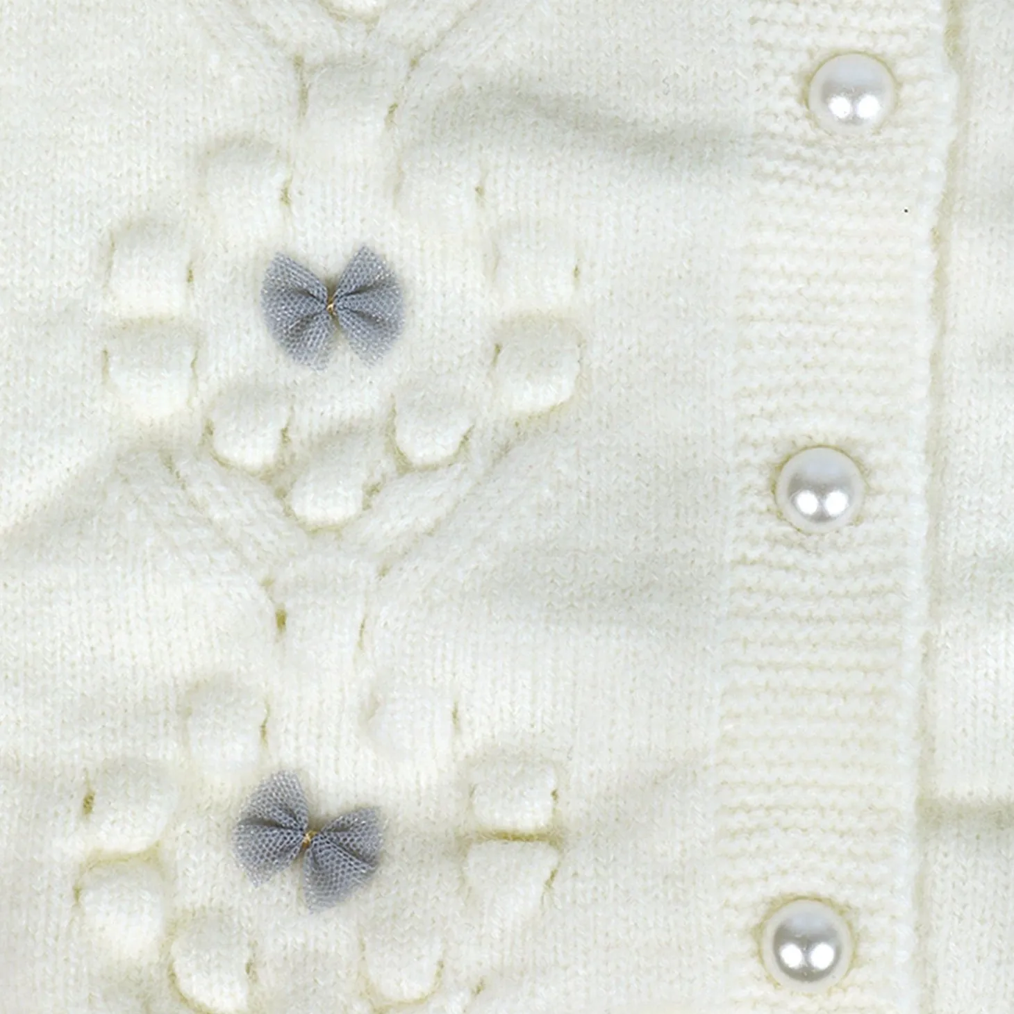 Elegant Bow And Pearl Buttons Premium Full Sleeves Knitted Sweater - Off White
