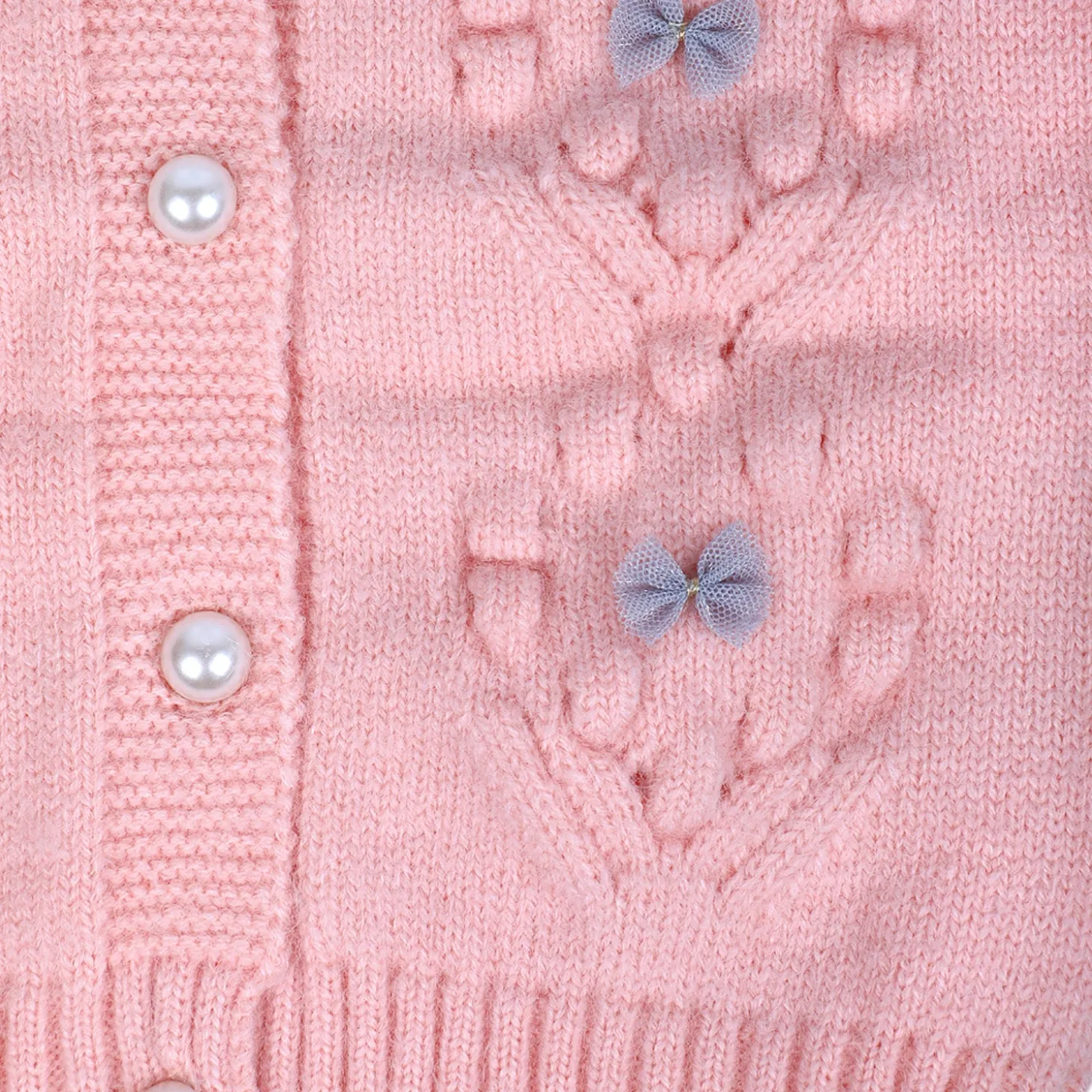 Elegant Bow And Pearl Buttons Premium Full Sleeves Knitted Sweater - Pink