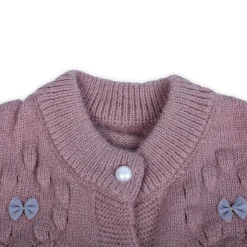 Elegant Bow And Pearl Buttons Premium Full Sleeves Knitted Sweater - Mauve