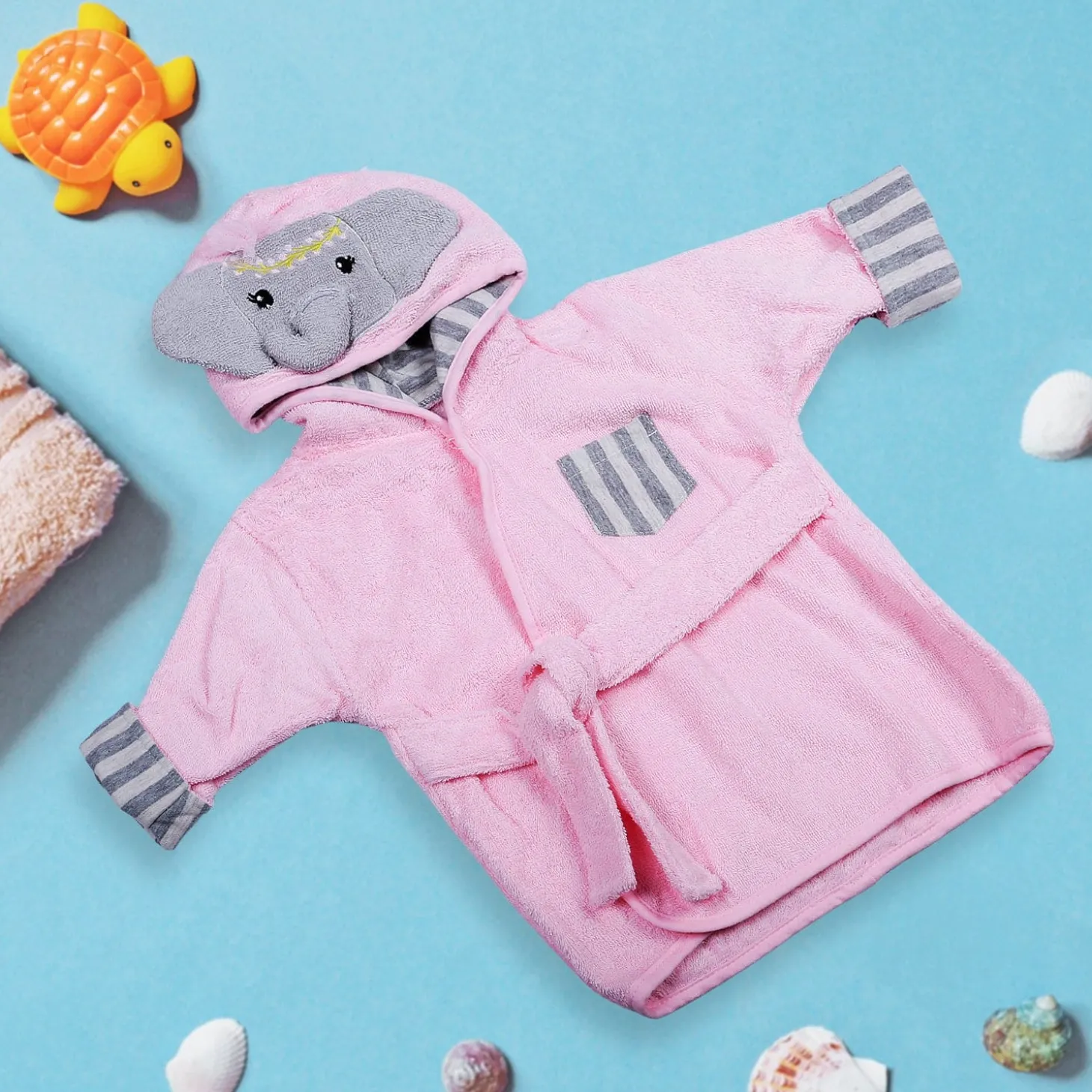 Elephant Face Cotton Hooded Full Sleeves Bathrobe - Pink