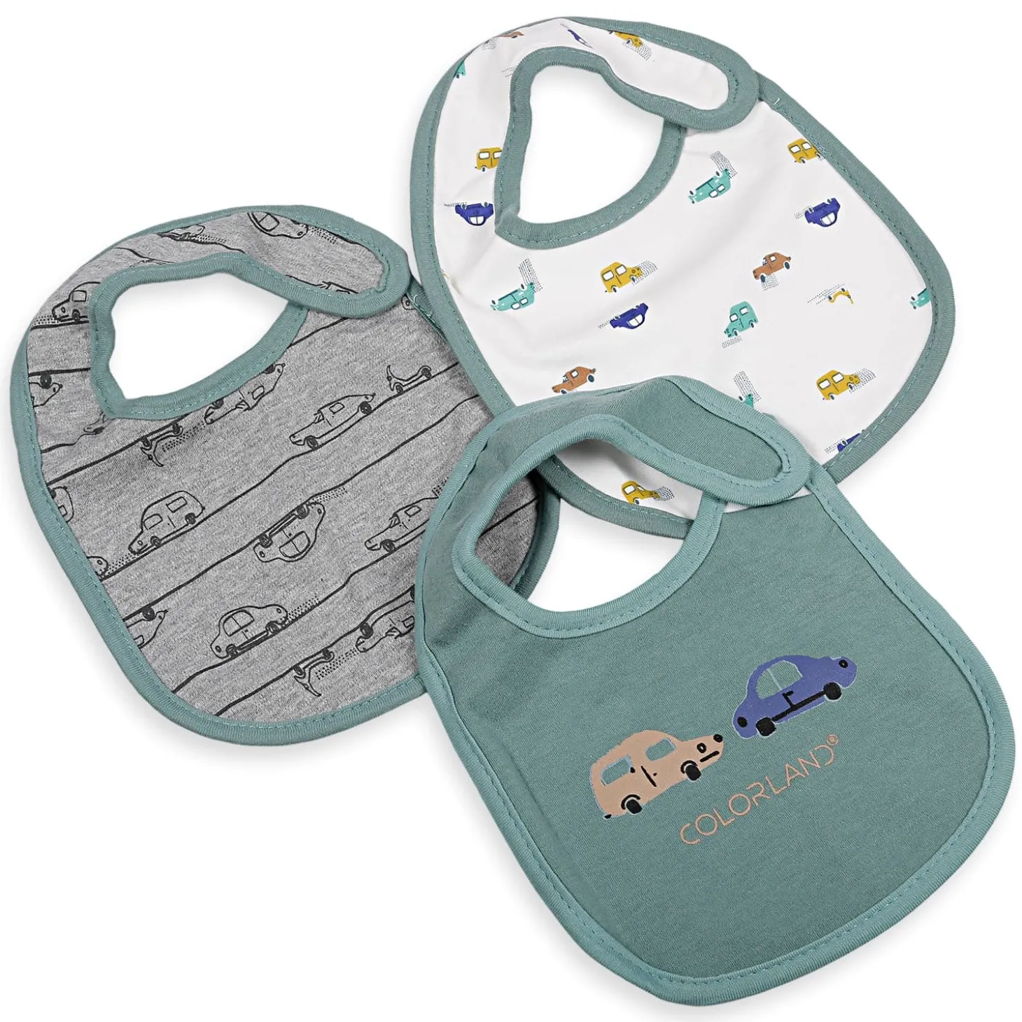 Feeding Bibs Pack Of 3 Cartoon Car Printed Green And Grey