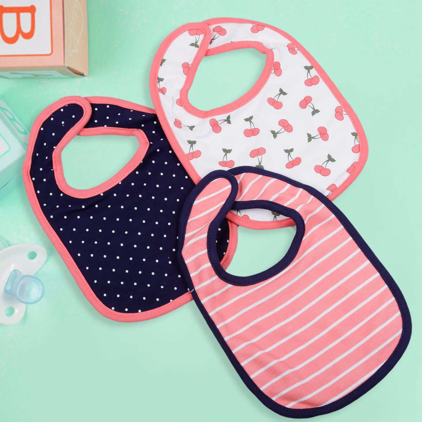 Feeding Bibs Pack Of 3 Cherry, Striped And Polka Pink Blue