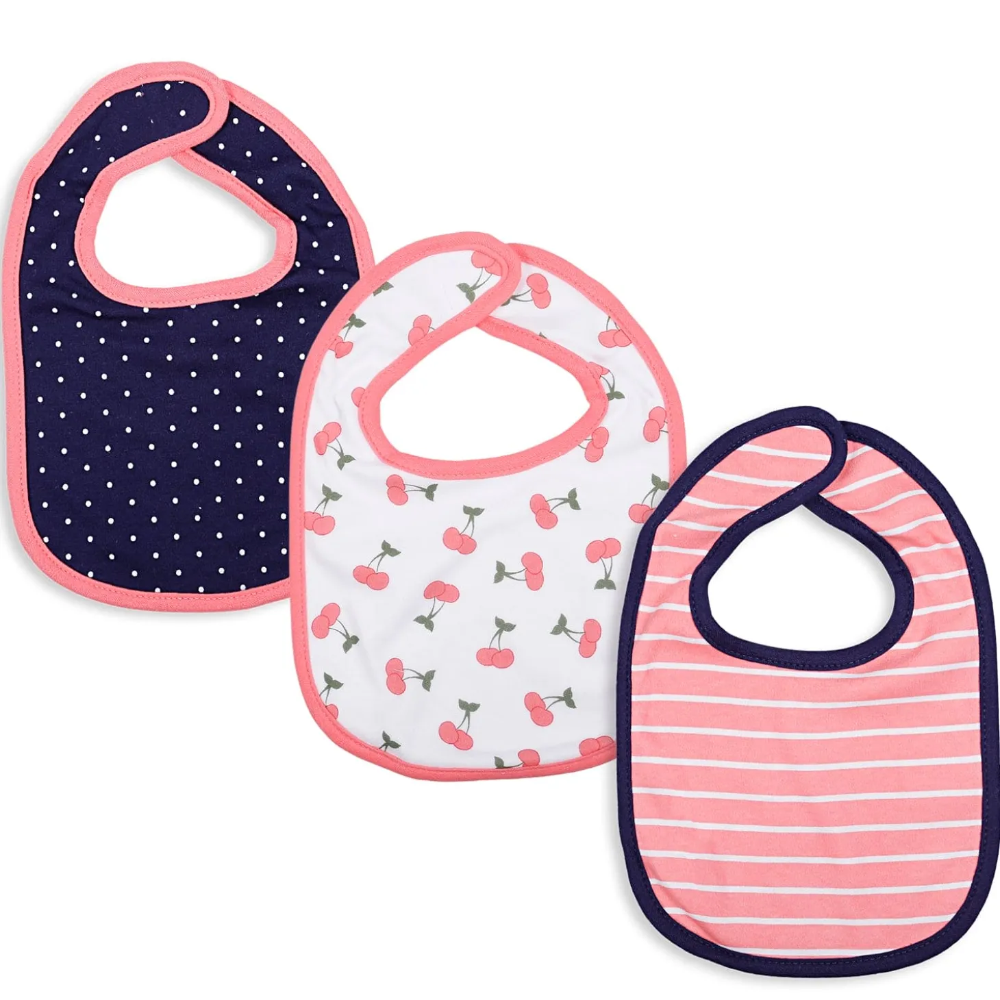 Feeding Bibs Pack Of 3 Cherry, Striped And Polka Pink Blue