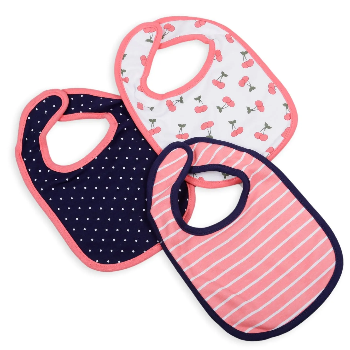 Feeding Bibs Pack Of 3 Cherry, Striped And Polka Pink Blue
