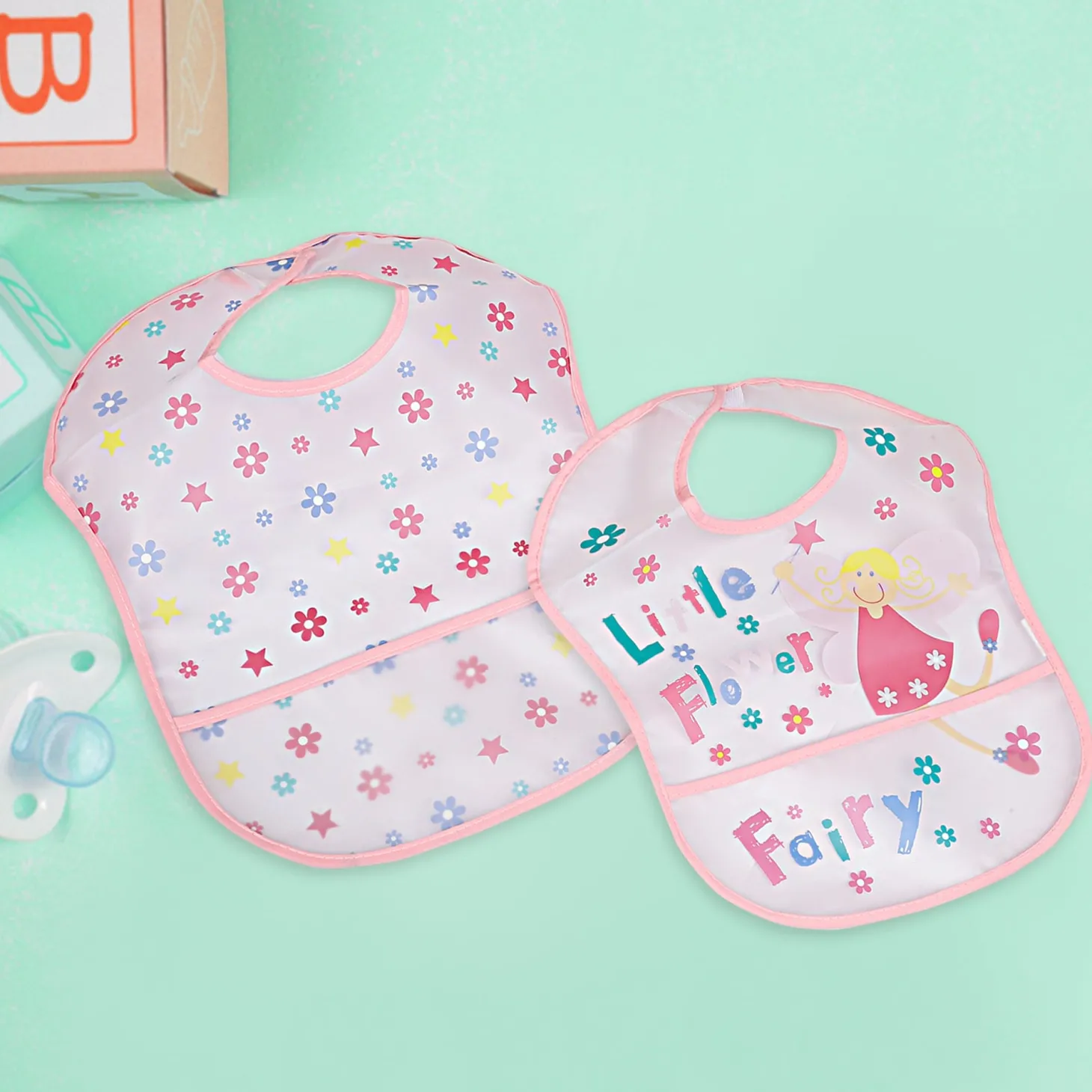Feeding Bibs Pack Of 2 Crumb Catcher Waterproof Flower Fairy Pink