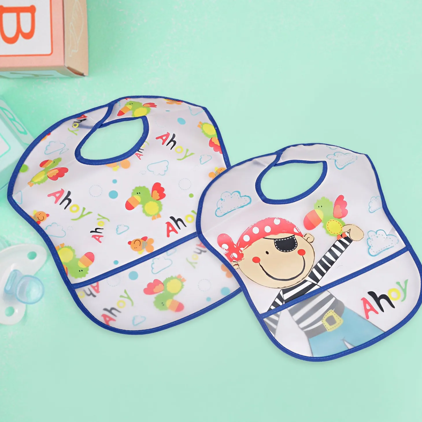 Feeding Bibs Pack Of 2 Crumb Catcher Waterproof Ahoy Pirate Blue
