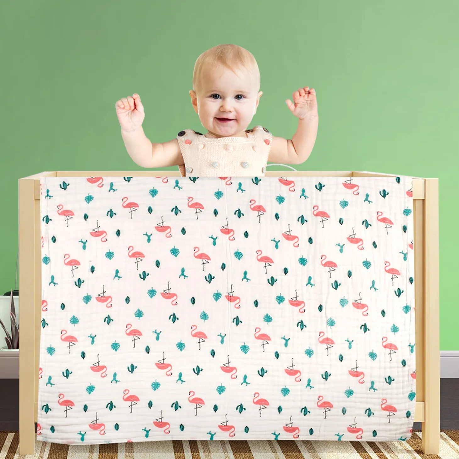 Flamingo White Medium Muslin Blanket