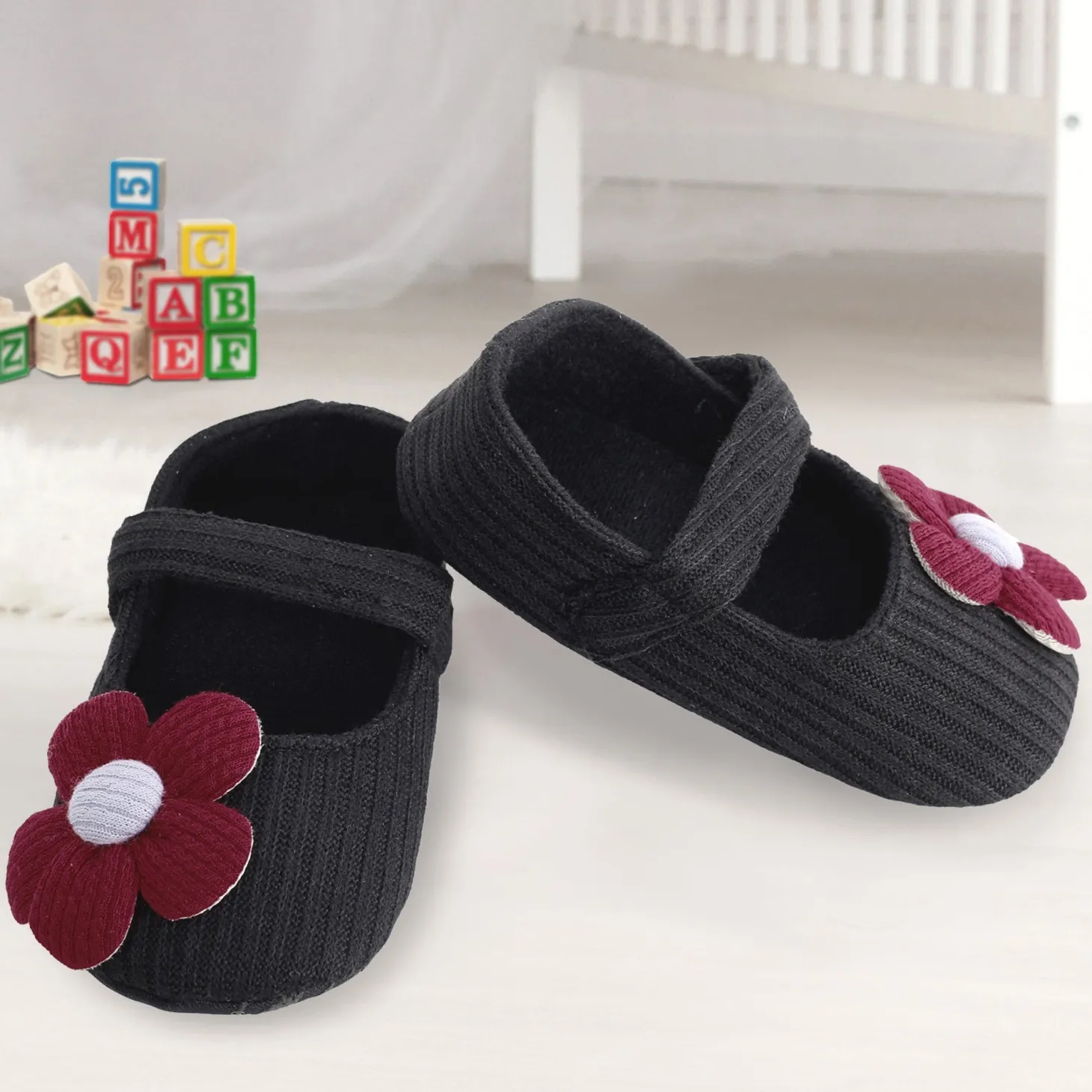 Floral Applique Black And Red Booties