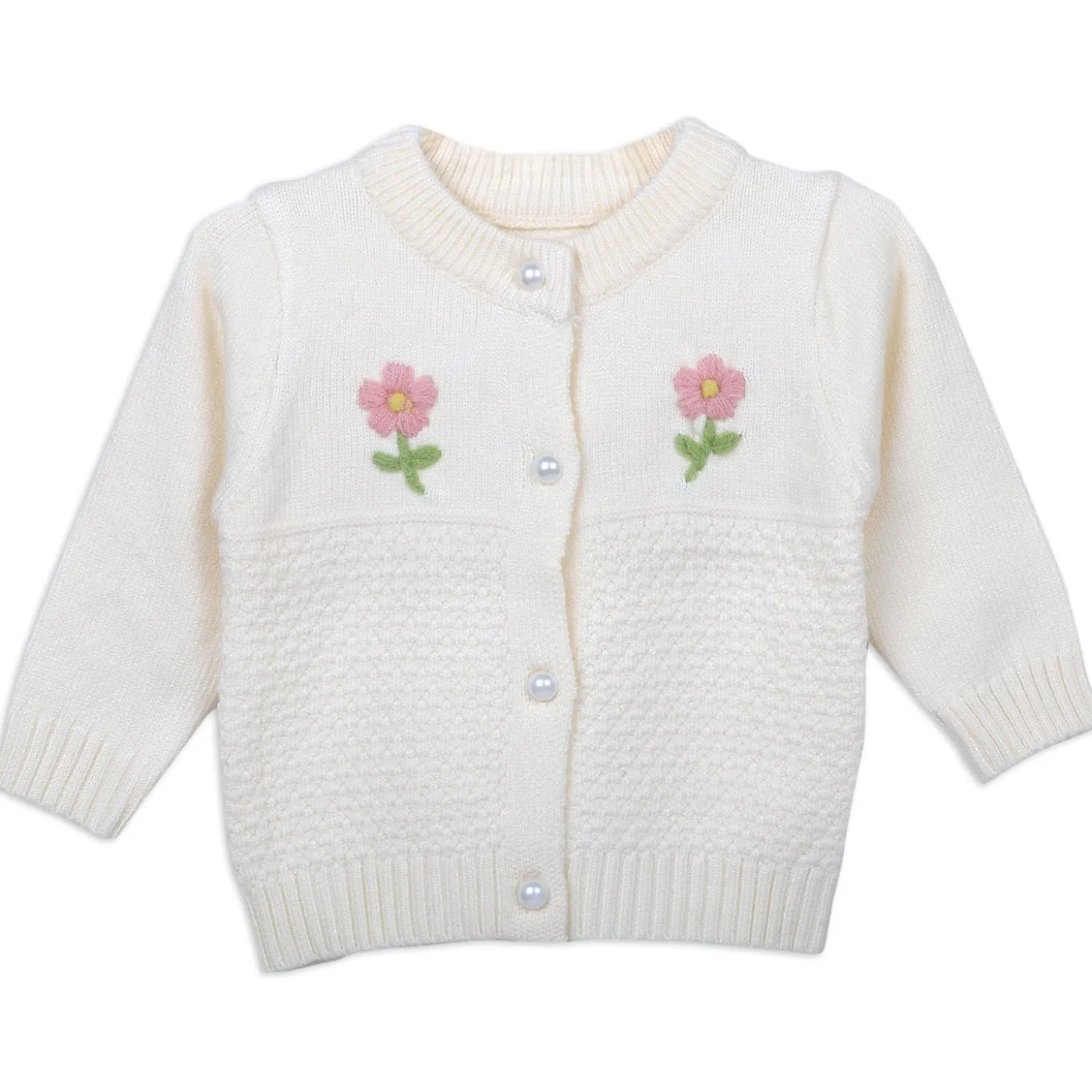 Floral Embroidery Premium Full Sleeves Knitted Sweater - Off White