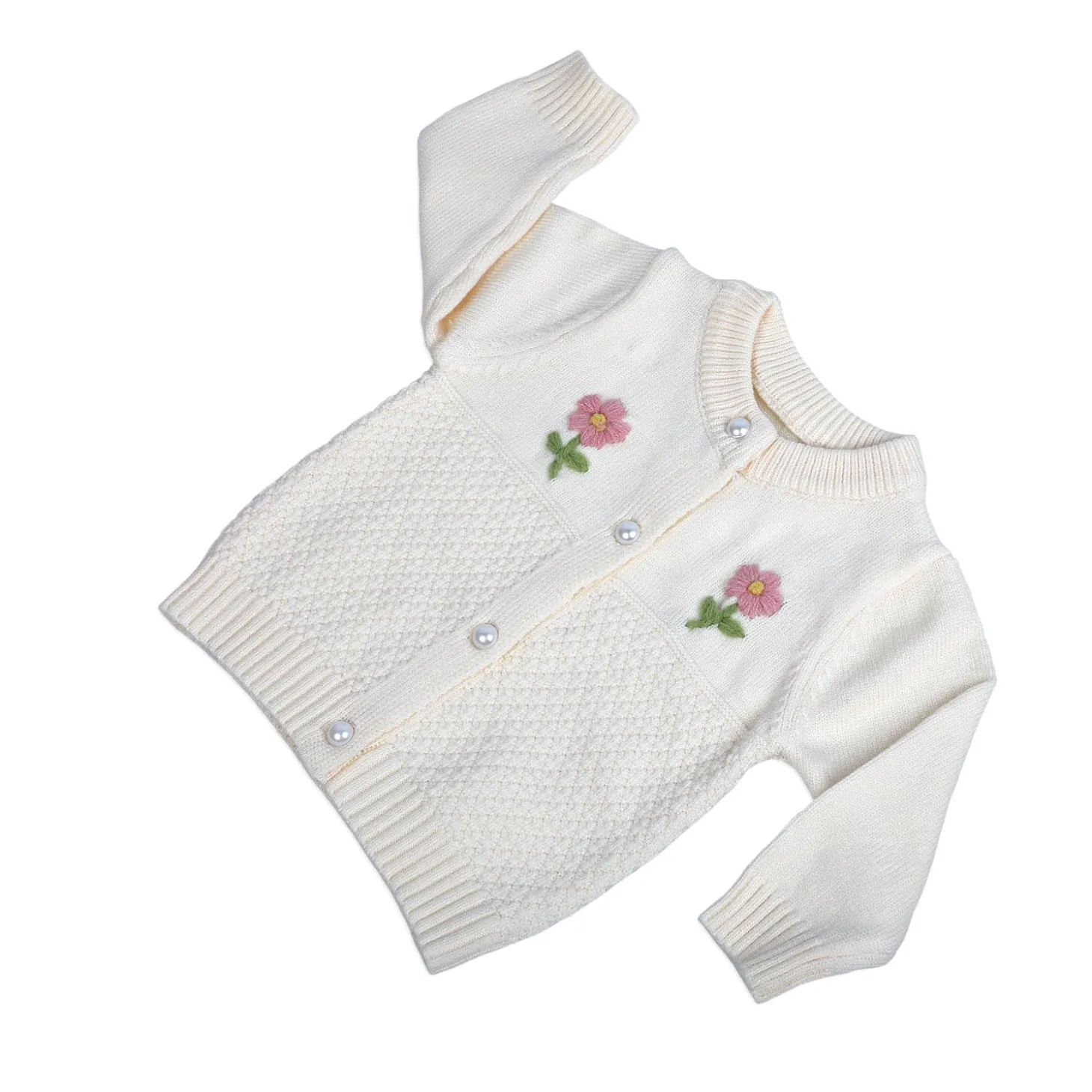 Floral Embroidery Premium Full Sleeves Knitted Sweater - Off White