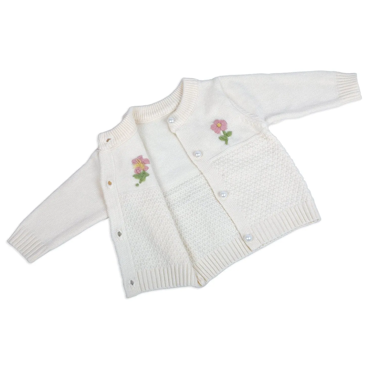 Floral Embroidery Premium Full Sleeves Knitted Sweater - Off White