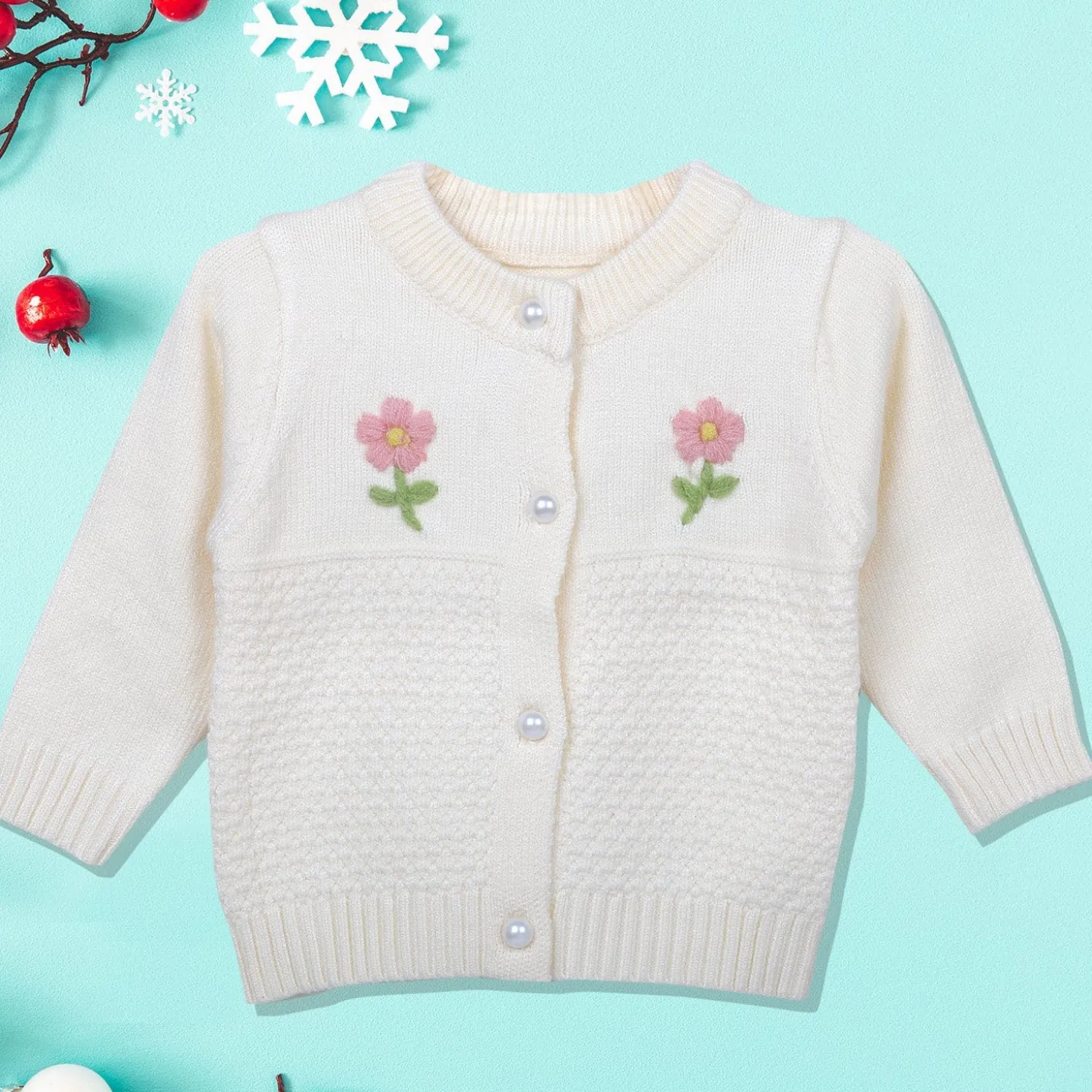 Floral Embroidery Premium Full Sleeves Knitted Sweater - Off White