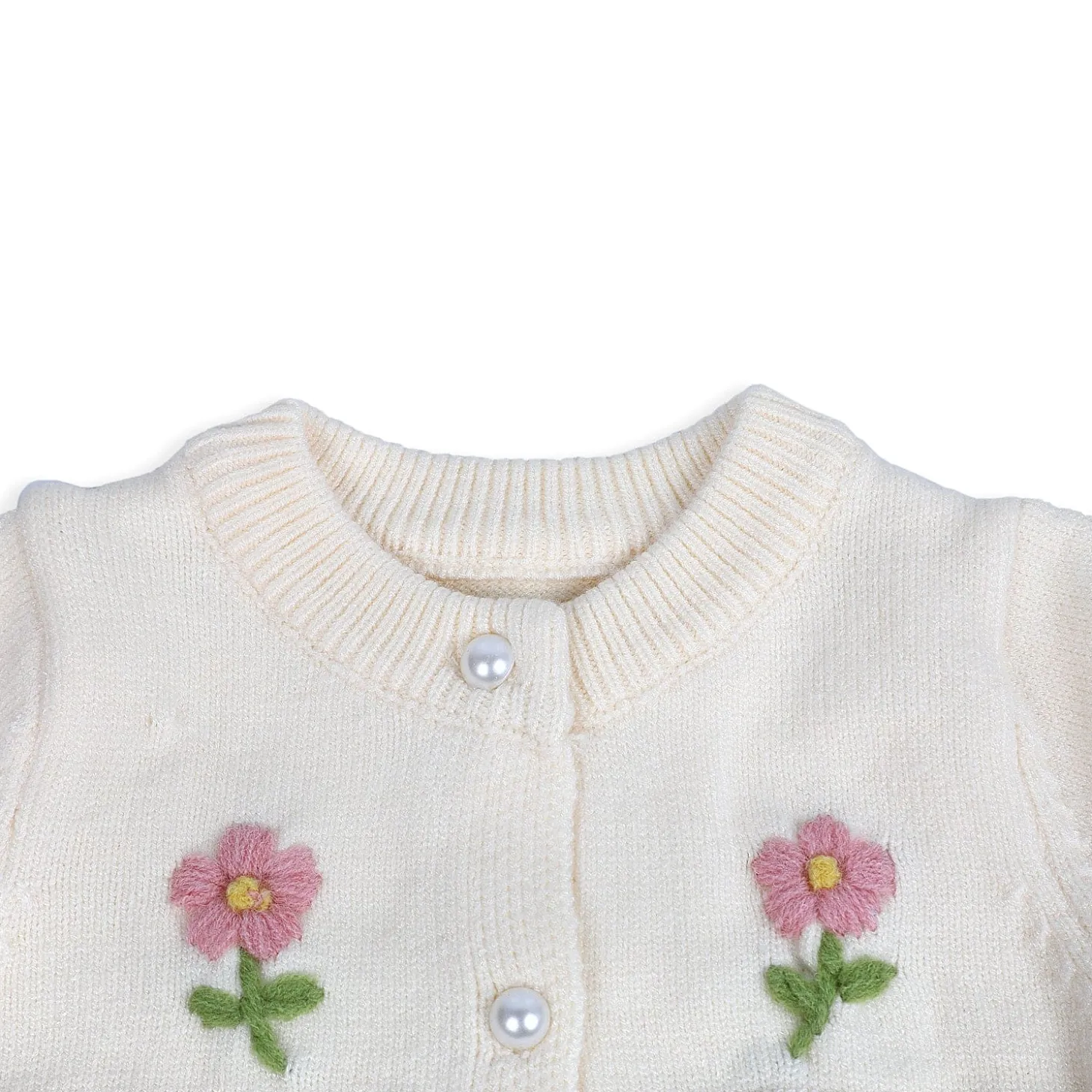 Floral Embroidery Premium Full Sleeves Knitted Sweater - Off White