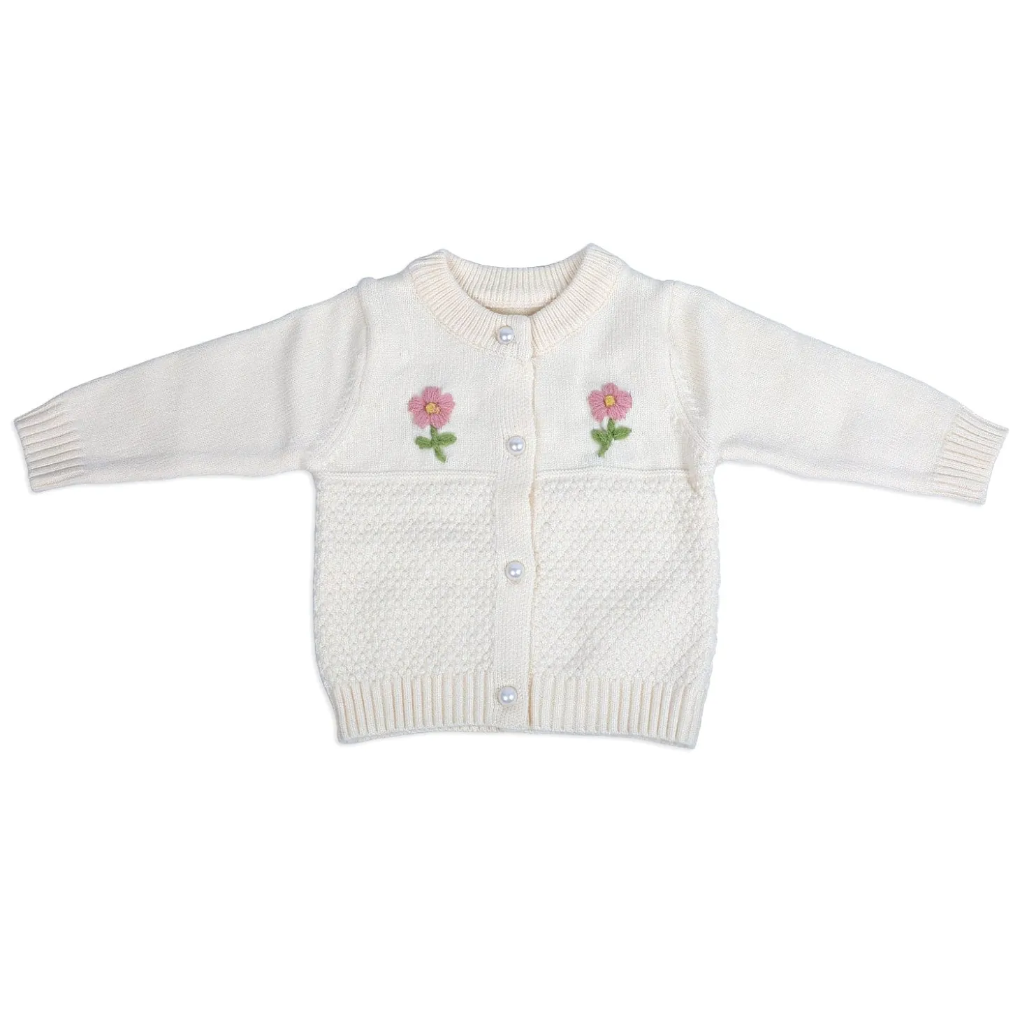 Floral Embroidery Premium Full Sleeves Knitted Sweater - Off White