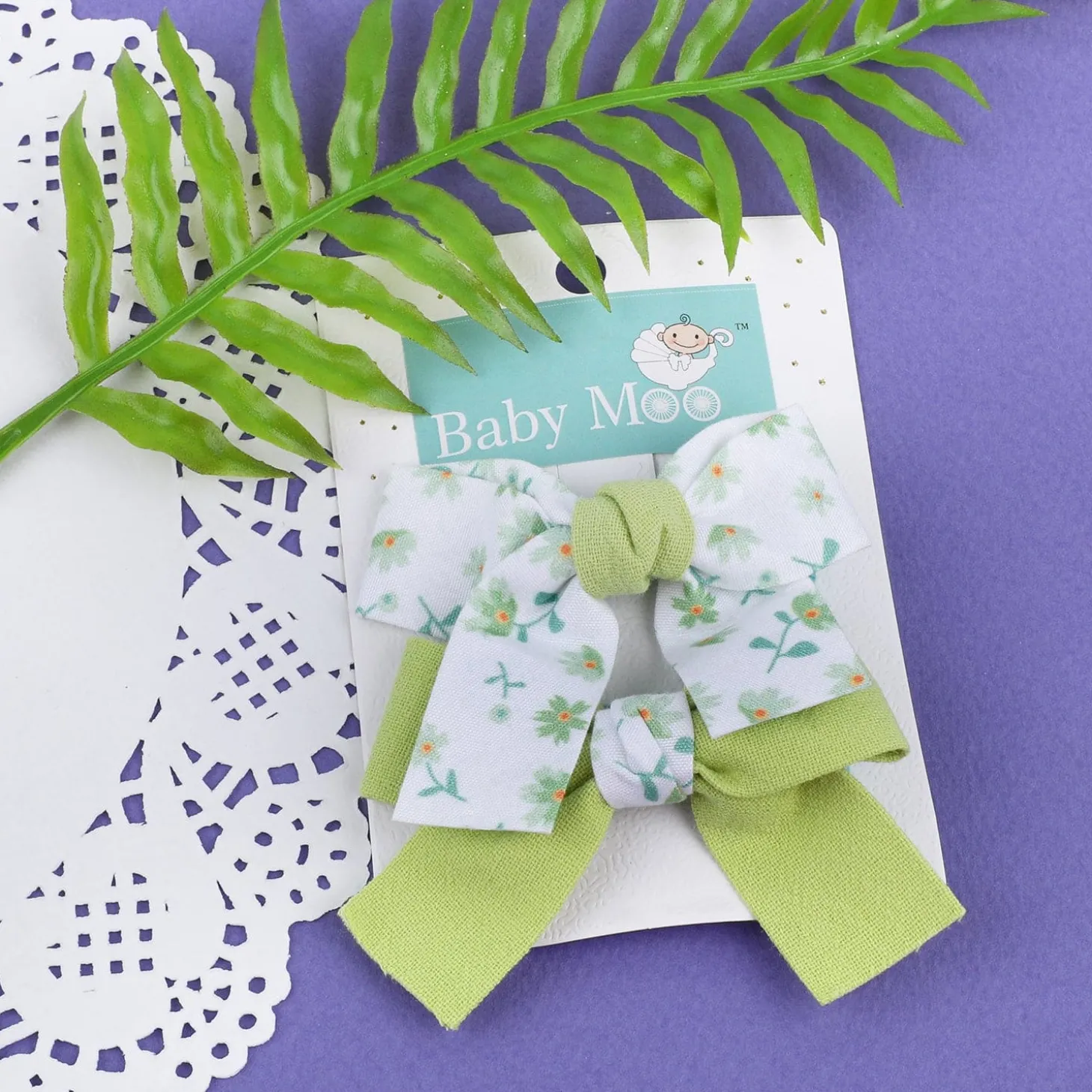 Floral Hair Bow Clip Set of 2 - Green
