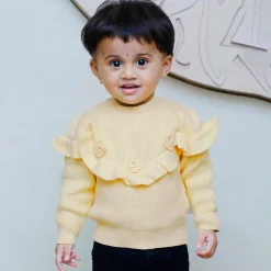 Flowers And Frills Premium Full Sleeves Knitted Sweater - Yellow