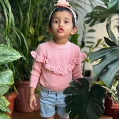 Flowers And Frills Premium Full Sleeves Knitted Sweater - Peach