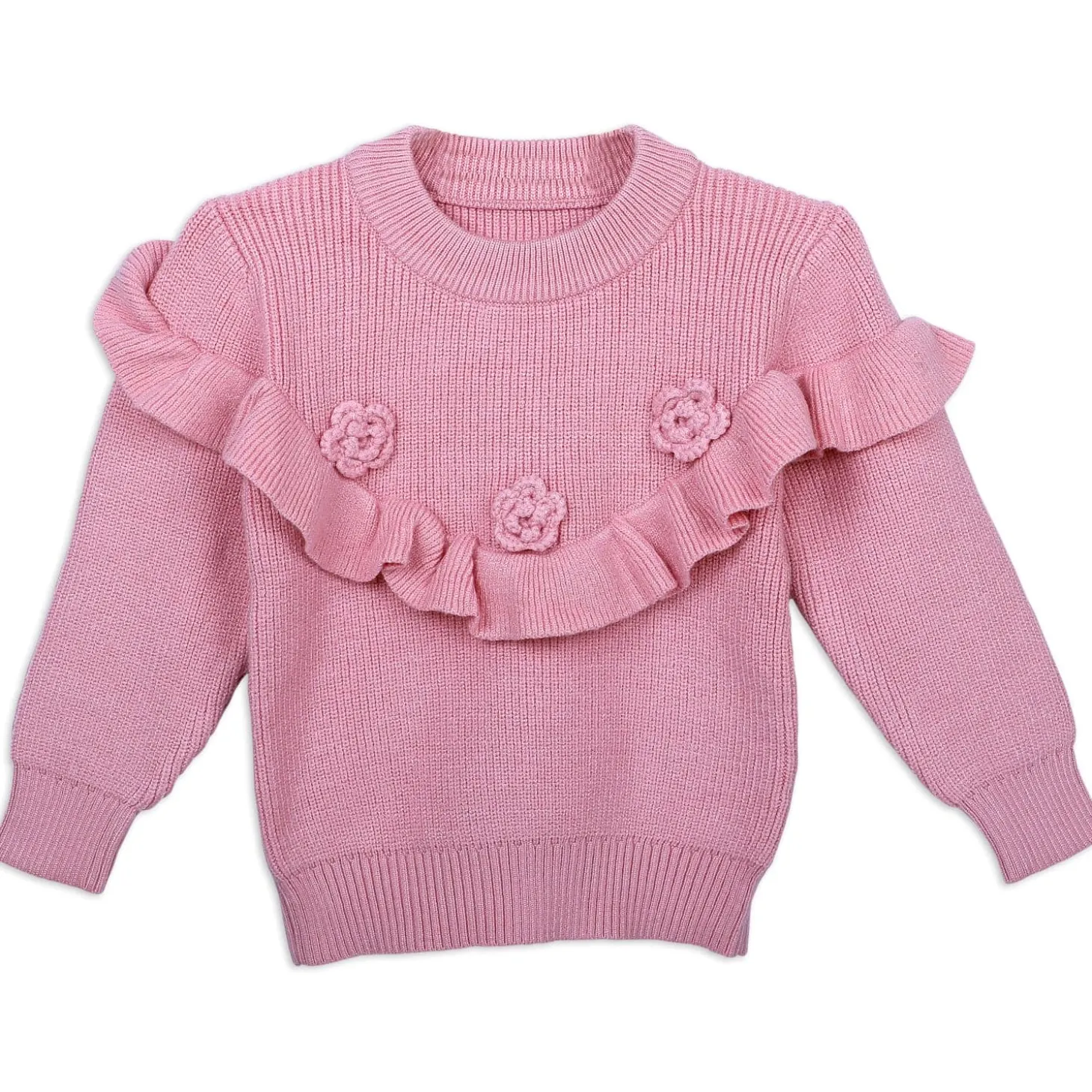 Flowers And Frills Premium Full Sleeves Knitted Sweater - Pink