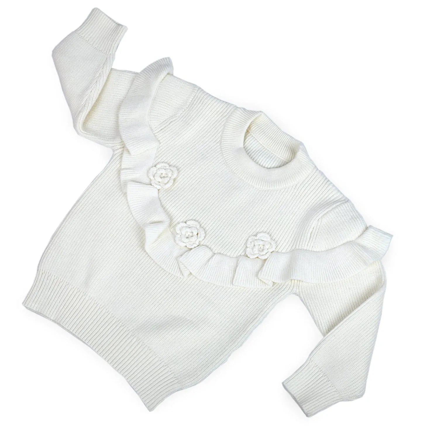 Flowers And Frills Premium Full Sleeves Knitted Sweater - Off White