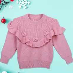 Flowers And Frills Premium Full Sleeves Knitted Sweater - Pink