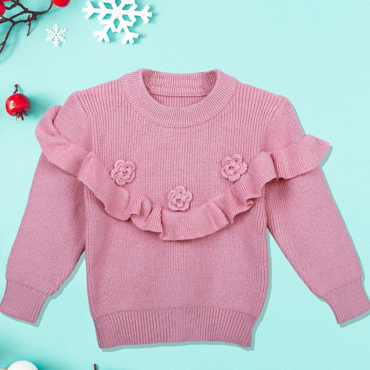 Flowers And Frills Premium Full Sleeves Knitted Sweater - Pink