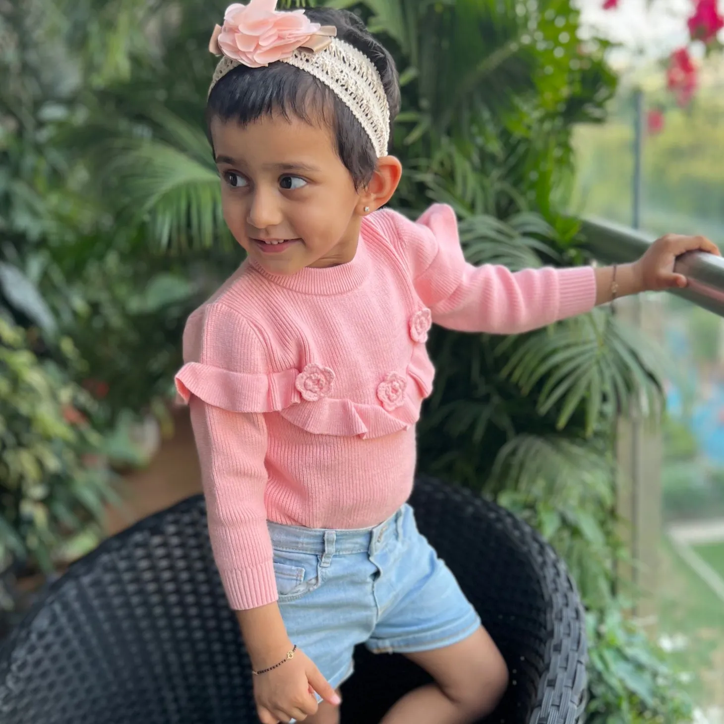 Flowers And Frills Premium Full Sleeves Knitted Sweater - Peach