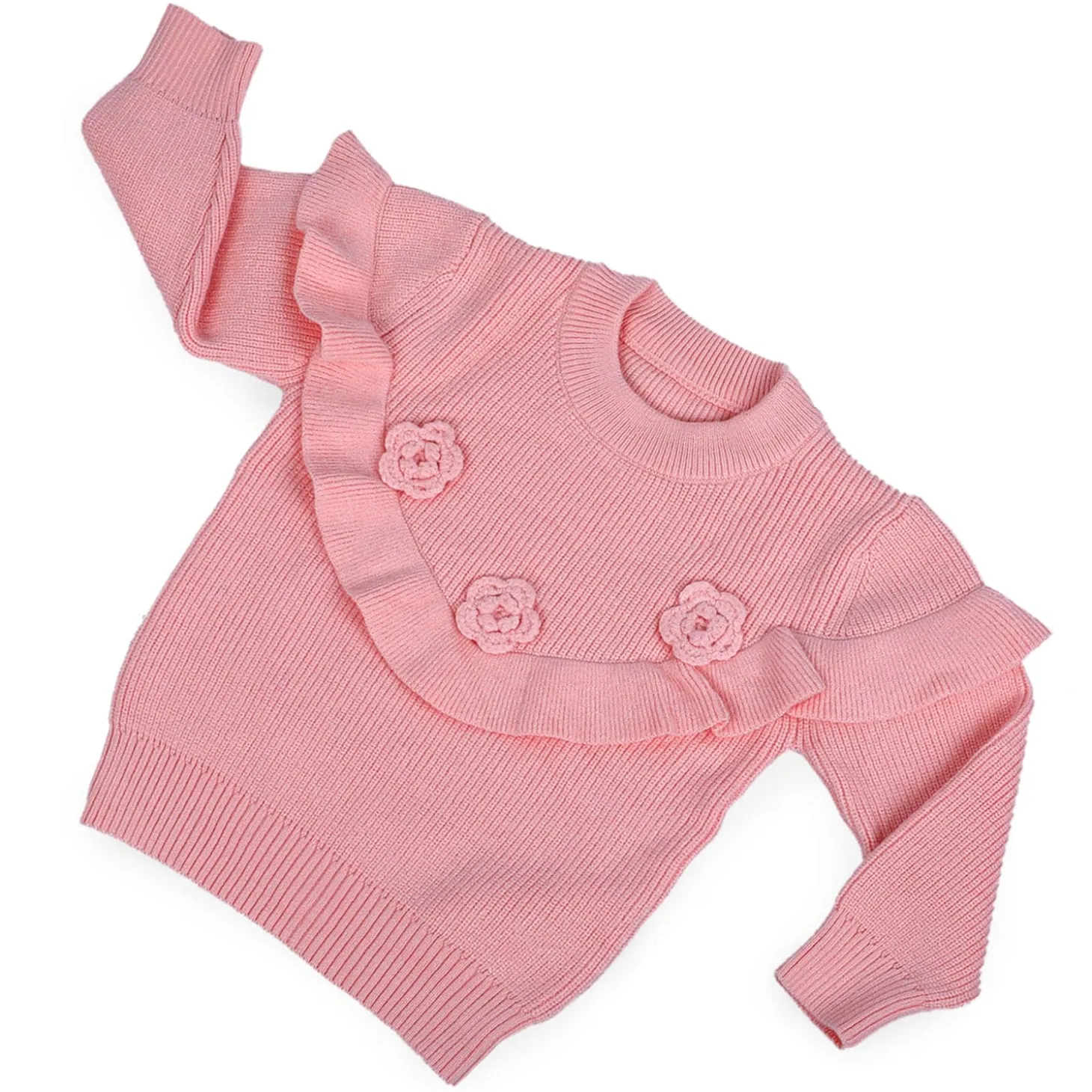 Flowers And Frills Premium Full Sleeves Knitted Sweater - Peach
