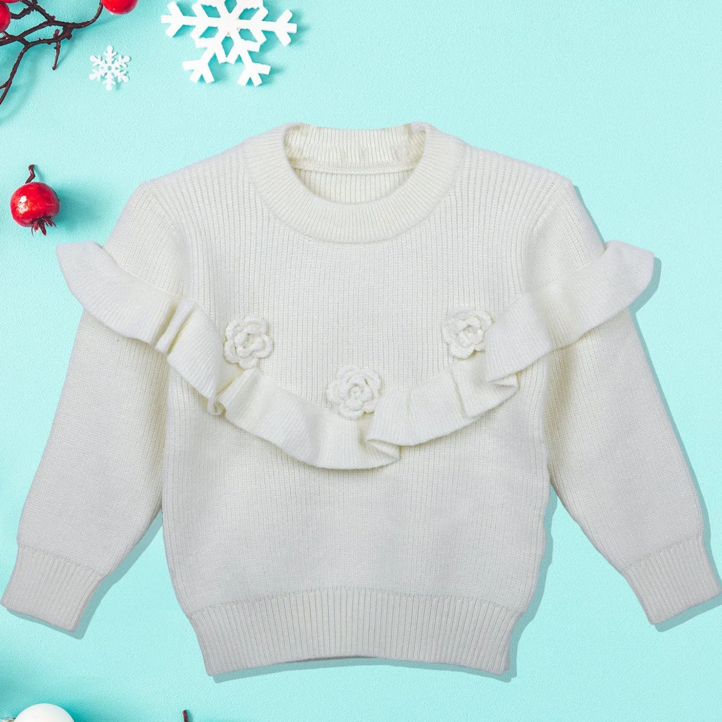 Flowers And Frills Premium Full Sleeves Knitted Sweater - Off White