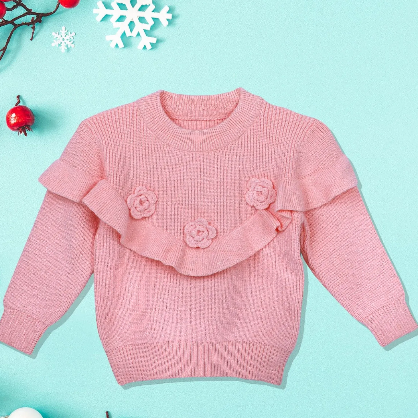 Flowers And Frills Premium Full Sleeves Knitted Sweater - Peach
