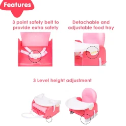 Foldable Feeding Booster Seat Adjustable Height And Food Tray Pink